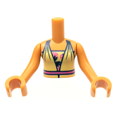 nougat torso mini doll girl bright light yellow dress top with bright pink waist line over undershirt with strawberries pattern nougat arms with hands
