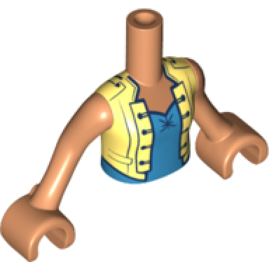 nougat torso mini doll girl bright light yellow vest with buttons over dark azure top pattern nougat arms with hands