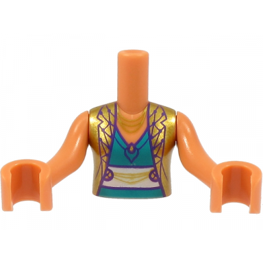 nougat torso mini doll girl gold vest with dark purple overlay dark turquoise top and gold necklace pattern nougat arms with hands