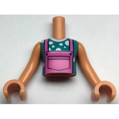 nougat torso mini doll girl dark pink overalls over dark turquoise and white polka dots t-shirt pattern nougat arms with hands