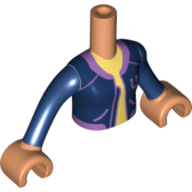 nougat torso mini doll girl dark blue jacket with medium lavender trim over bright light yellow shirt pattern nougat arms with hands with dark blue sleeves