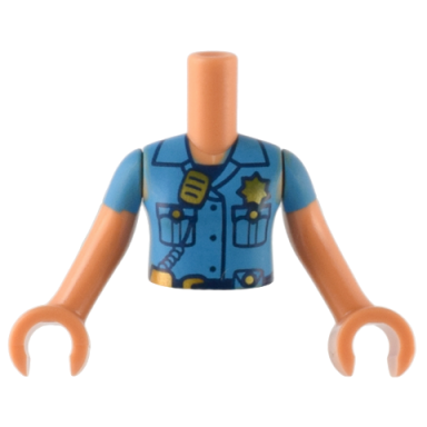 nougat torso mini doll girl dark azure police uniform with gold badge and radio pattern nougat arms with hands with dark azure short sleeves