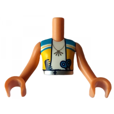 nougat torso mini doll girl dark azure and yellow vest over white shirt necklace scissors and comb in silver belt pattern nougat arms with hands