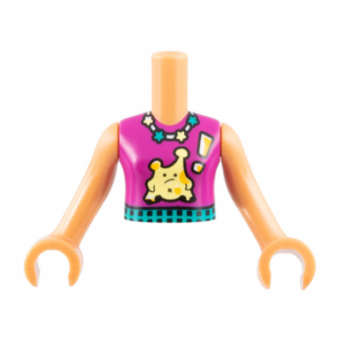 nougat torso mini doll girl magenta top star necklace dark turquoise belt bright light yellow alien with exclamation mark pattern nougat arms with hands