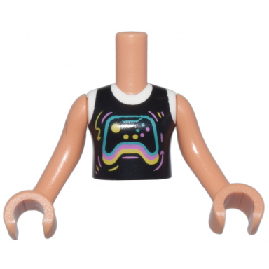 nougat torso mini doll girl black and white shirt with dark turquoise bright pink and yellow video game controller pattern nougat arms with hands