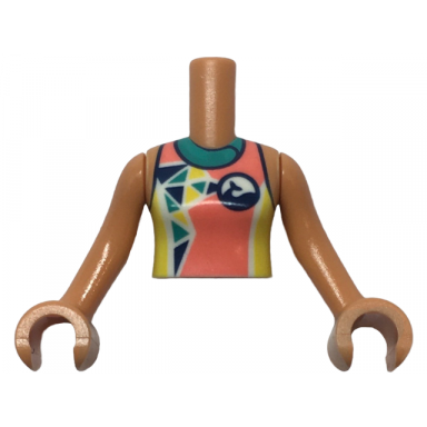 nougat torso mini doll girl coral dark turquoise and yellow wetsuit with dolphin whale logo and triangles pattern nougat arms with hands