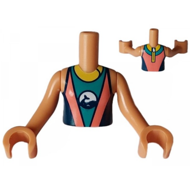 nougat torso mini doll girl coral dark turquoise and dark blue wetsuit with yellow collar and zipper and dolphin whale logo pattern nougat arms with hands