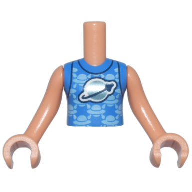 nougat torso mini doll girl blue shirt with metallic light blue classic space logo and bright light blue spaceships pattern nougat arms with hands