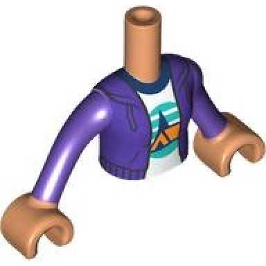 nougat torso mini doll girl dark purple hoodie over white shirt with orange tent dark blue trees dark turquoise sky and ground pattern nougat arms with hands with dark purple long sleeves