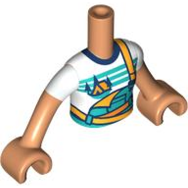 nougat torso mini doll girl dark turquoise and bright light orange overalls over white t-shirt with orange tent and dark blue trees pattern nougat arms with hands with white short sleeves