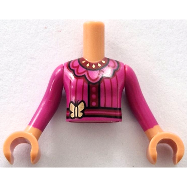 nougat torso mini doll girl magenta dress top with belt gold butterfly dark red trim and stripes pattern nougat arms with hands with magenta long sleeves