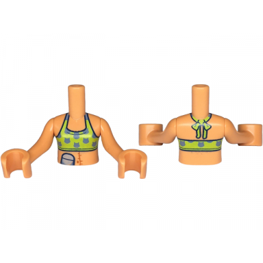 nougat torso mini doll girl lime green bikini top with sand blue cat head silhouettes light bluish gray cell phone and dark orange scar on stomach pattern nougat arms with hands