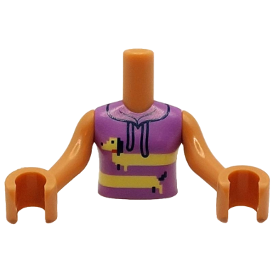 nougat torso mini doll girl medium lavender sleeveless hoodie with black strings and bright light yellow dachshund with red collar pattern nougat arms with hands