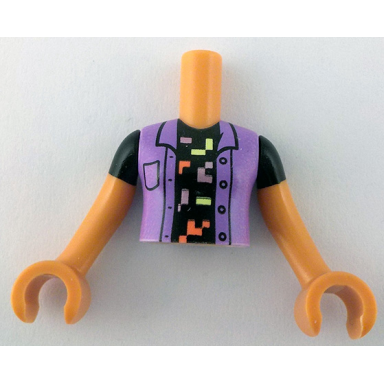 nougat torso mini doll girl medium lavender jacket over black t-shirt with coral yellowish green and metallic pink pixellated shapes pattern nougat arms with hands with black short sleeves