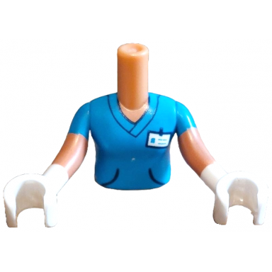nougat torso mini doll girl dark azure shirt with black pockets and white name tag pattern nougat arms with hands with dark azure short sleeves and white gloves