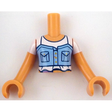 nougat torso mini doll girl bright light blue vest with dark blue pockets over white t-shirt with folds pattern nougat arms with hands with white short sleeves