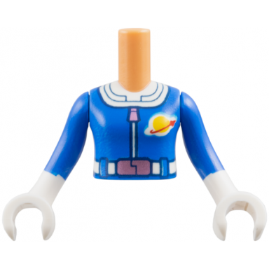 nougat torso mini doll girl blue astronaut costume white collar and belt metallic pink zipper and buckle red and yellow classic space logo pattern blue arms sleeves with white hands gloves