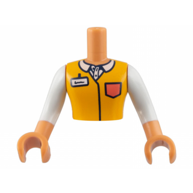 nougat torso mini doll man bright light orange shirt white collar and badge coral pocket pattern nougat arms with hands with white long sleeves