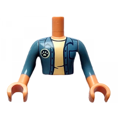 nougat torso mini doll man sand blue open jacket with paw print badge over tan shirt pattern nougat arms with hands with sand blue sleeves