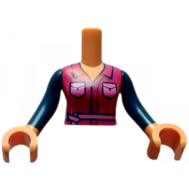 nougat torso mini doll woman magenta top with bright pink pockets and ribbon pattern nougat arms with hands with dark blue long sleeves