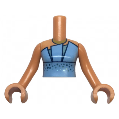 nougat torso mini doll woman bright light blue strapless dress top with dark blue trim metallic light blue undershirt and dots pattern nougat arms with hands