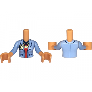 nougat torso mini doll woman bright light blue jacket open over red shirt with dark blue collar gold necklaces and pendant pattern nougat arms with hands with bright light blue medium long sleeves