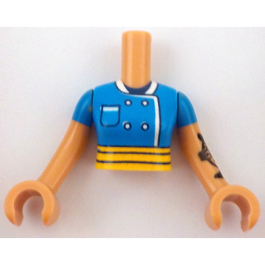 nougat torso mini doll woman dark azure chef jacket with pocket and white trim dark blue neck and bright light orange apron belt pattern nougat arms with hands with dark azure short sleeves and black fish and heart tattoos on left arm