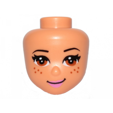 nougat mini doll head friends with black eyebrows medium nougat eyes and freckles dark pink lips and lopsided closed mouth smile pattern