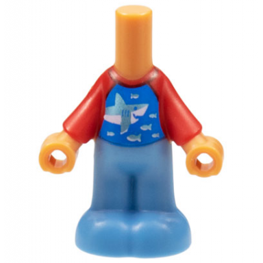 nougat micro doll body with molded red top and medium blue pants and printed blue panel with metallic light blue shark and fish pattern