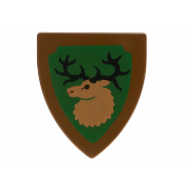 brown minifigure shield triangular short with forestmen elk deer head on green background pattern