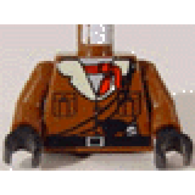 brown torso jacket with buttons pockets and tan fur collar over white undershirt black belt with buckle red neckerchief ropes pistol pattern brown arms black hands