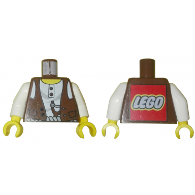 brown torso adventurers desert vest over white shirt slingshot pattern - lego logo on back white arms yellow hands