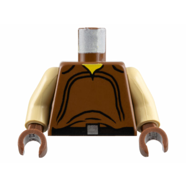 brown torso sw loose shirt with black curved lines belt with silver square buckle yellow neck pattern tan arms brown hands