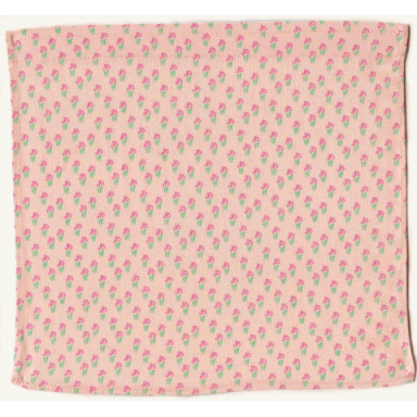 light salmon scala cloth shower curtain with repeating flowers pattern