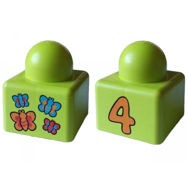 medium lime primo brick 1 x 1 with orange red and medium blue butterflies and number 4 pattern on opposite sides