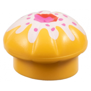 light orange muffin with white icing and dark pink center and dots pattern chef toque
