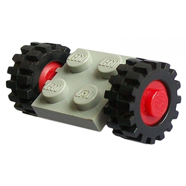 light gray plate modified 2 x 2 with red wheels with black tires 15mm d x 6mm offset tread small 122c01 3641