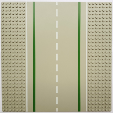 baseplate road 32 x 32 7-stud straight with road with green lines and white sidelines pattern