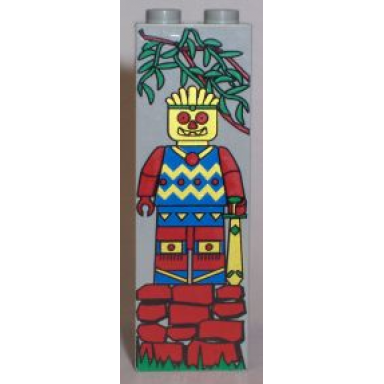 light gray brick 1 x 2 x 5 with blue red and yellow minifigure statue on stone pedestal green grass and leaves on branch pattern