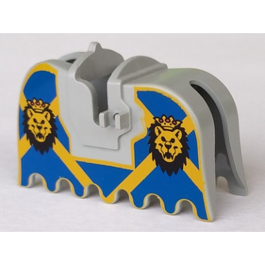light gray horse barding ruffled edge with lion heads with crowns on blue and yellow background pattern