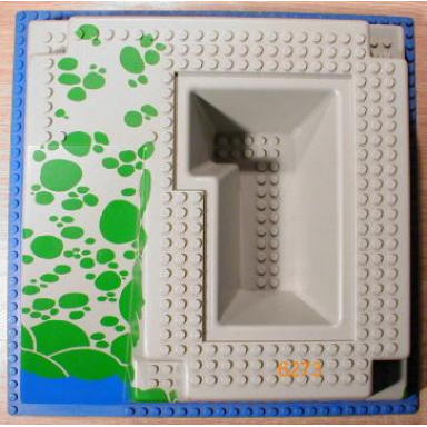 light gray baseplate raised 32 x 32 with ramp and pit with blue water and green stones pattern