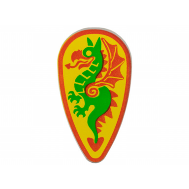 light gray minifigure shield oval with green and red dragon on yellow background pattern
