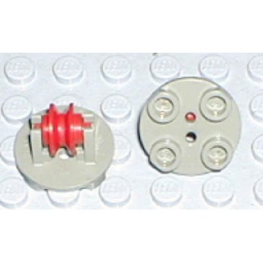 light gray plate round 2 x 2 thin with wheel holder with red pulley wheel 2655 3464