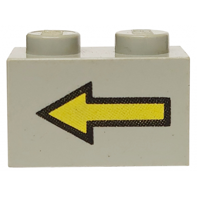 light gray brick 1 x 2 with yellow left arrow with black border pattern