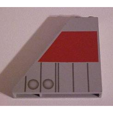 light gray slope 55 6 x 1 x 5 without bottom stud holders with dark gray and red t-16 tail pattern
