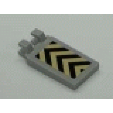 light gray tile modified 2 x 3 with 2 clips angled with black and yellow danger chevrons pattern