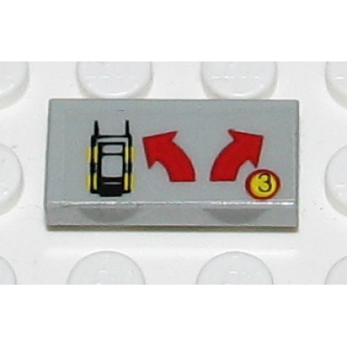 light gray tile 1 x 2 with car red left and right curved arrows and 3 in circle pattern sticker - set 8082