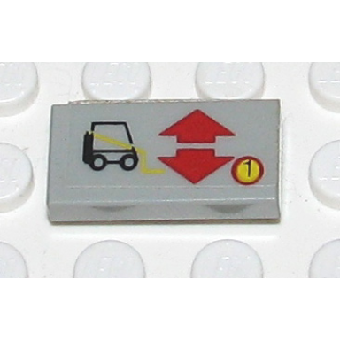 light gray tile 1 x 2 with forklift red up and down arrows and 1 in circle pattern sticker - set 8082