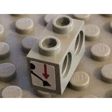 light gray technic brick 1 x 2 with holes with black digger bucket and red arrow down on white background pattern sticker - set 8459