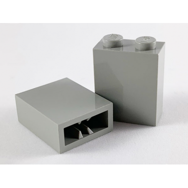 light gray brick 1 x 2 x 2 with inside axle holder